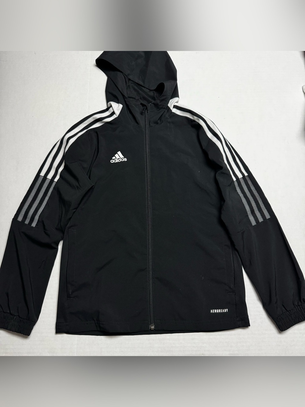 adidas Youth Tiro 21 Aeroready Full Zip Hooded Windbreaker In Back Size: Small